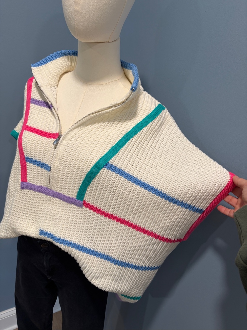 NY&Co Oversized Knit Poncho Sweater Colorblock Quarter Zip Slouchy